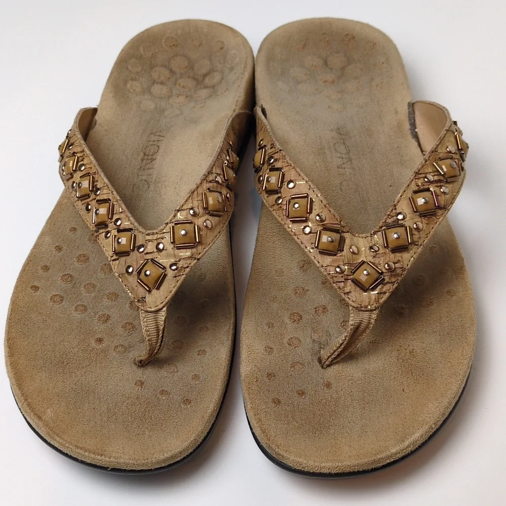 Vionic Floriana Tan Cork Embellished Suede Thong Flip Flop Sandals Women's 9